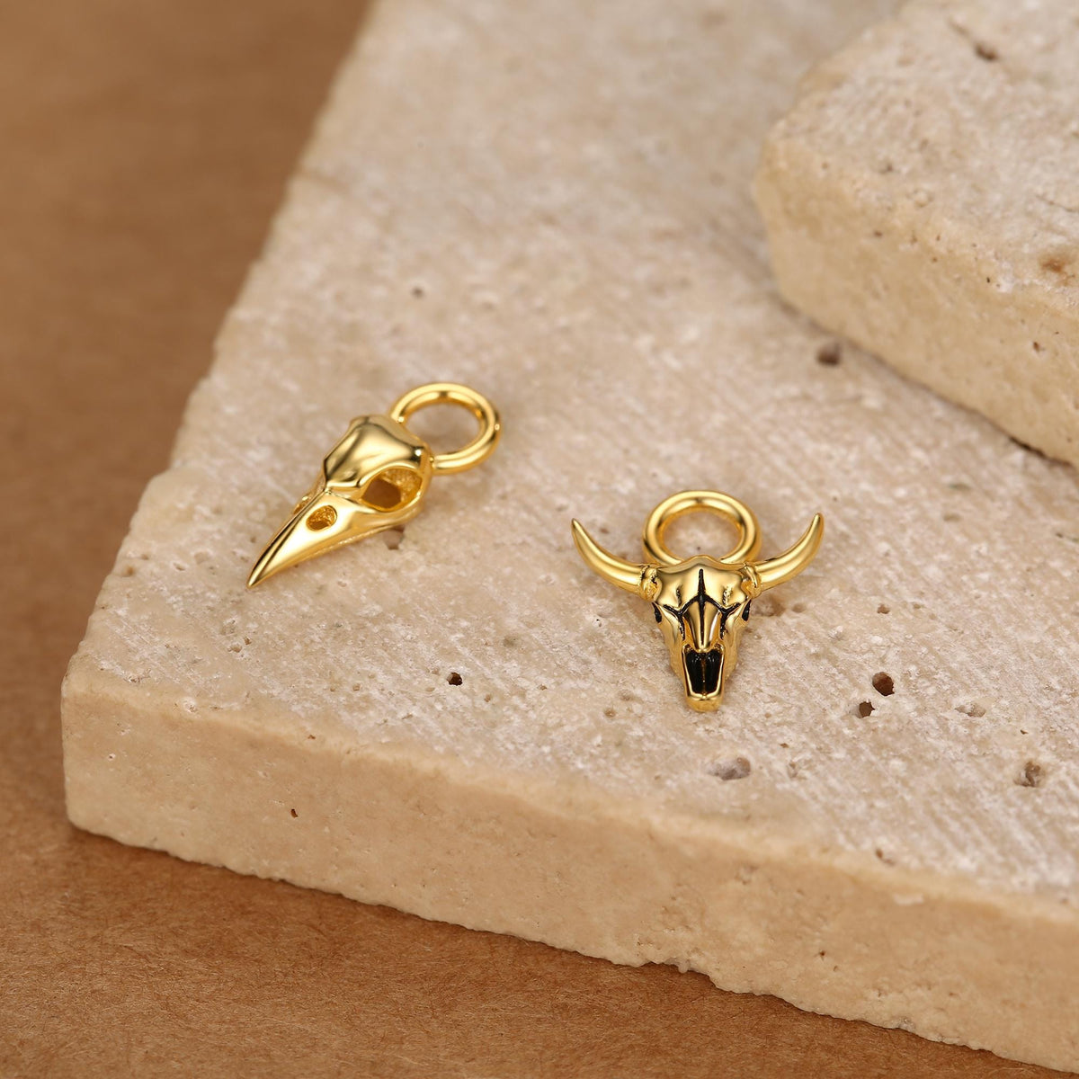 Sterling Silver Mismatched Bird and Bull Skull Earring Charms for Hoop Earrings