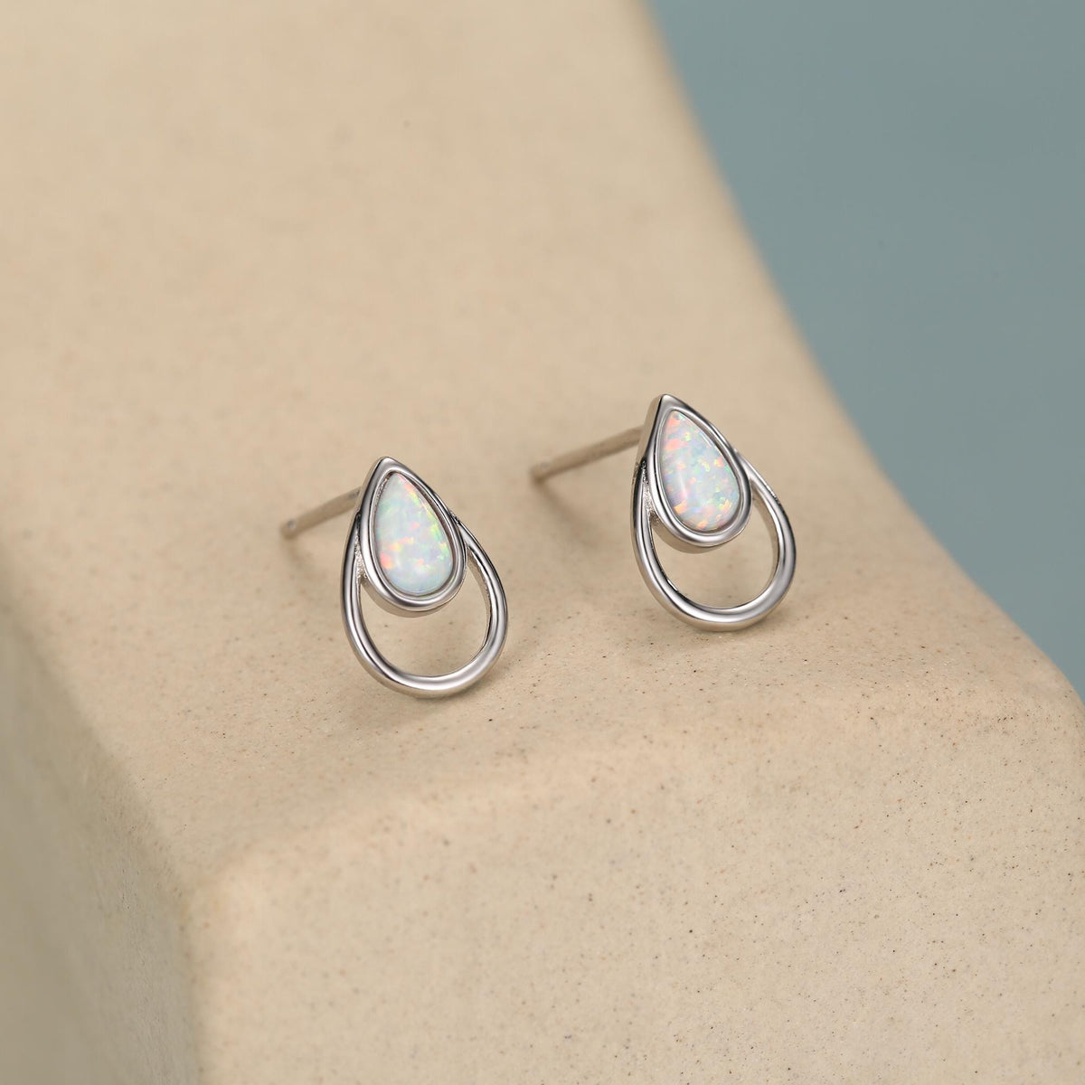 White Opal Droplet Stud Earrings in Sterling Silver, Silver or Gold, Lab Opal Earrings, Double Droplet Stud, Pear Cut Opal Stud