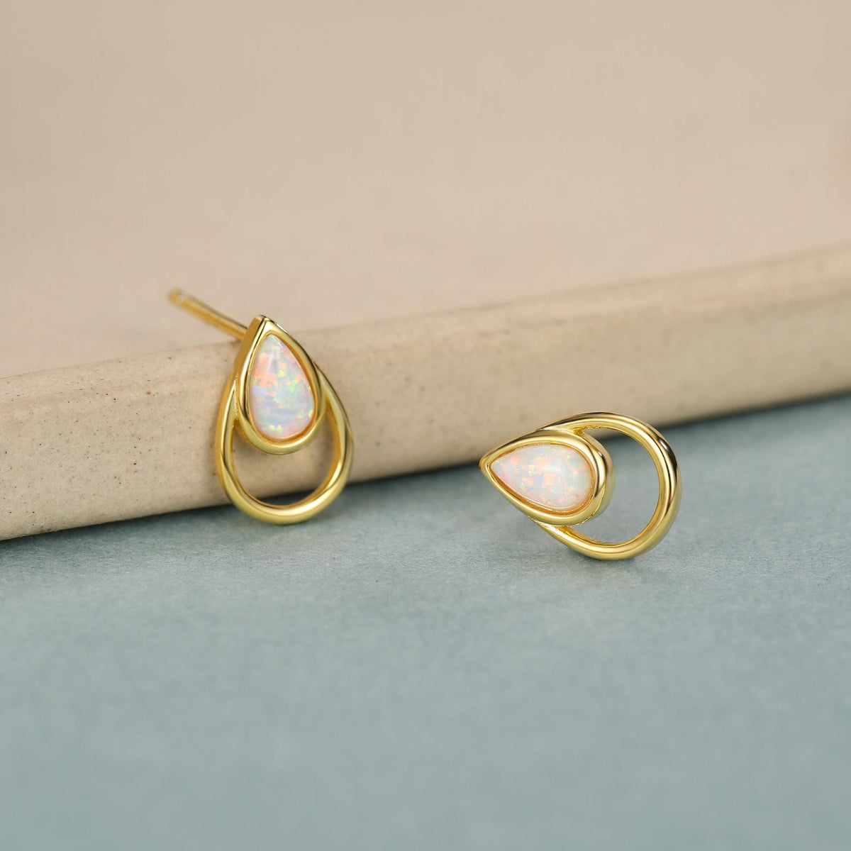 White Opal Droplet Stud Earrings in Sterling Silver, Silver or Gold, Lab Opal Earrings, Double Droplet Stud, Pear Cut Opal Stud