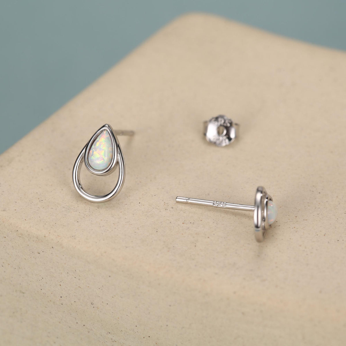 White Opal Droplet Stud Earrings in Sterling Silver, Silver or Gold, Lab Opal Earrings, Double Droplet Stud, Pear Cut Opal Stud