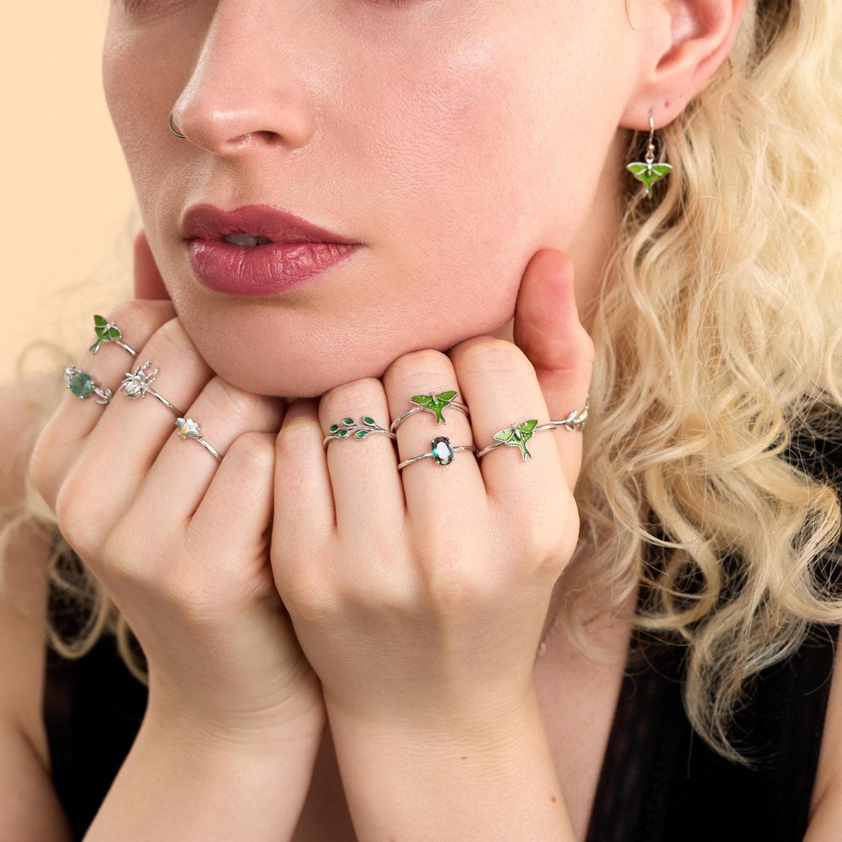 Green Enamel Lunar Moth Motif Ring
