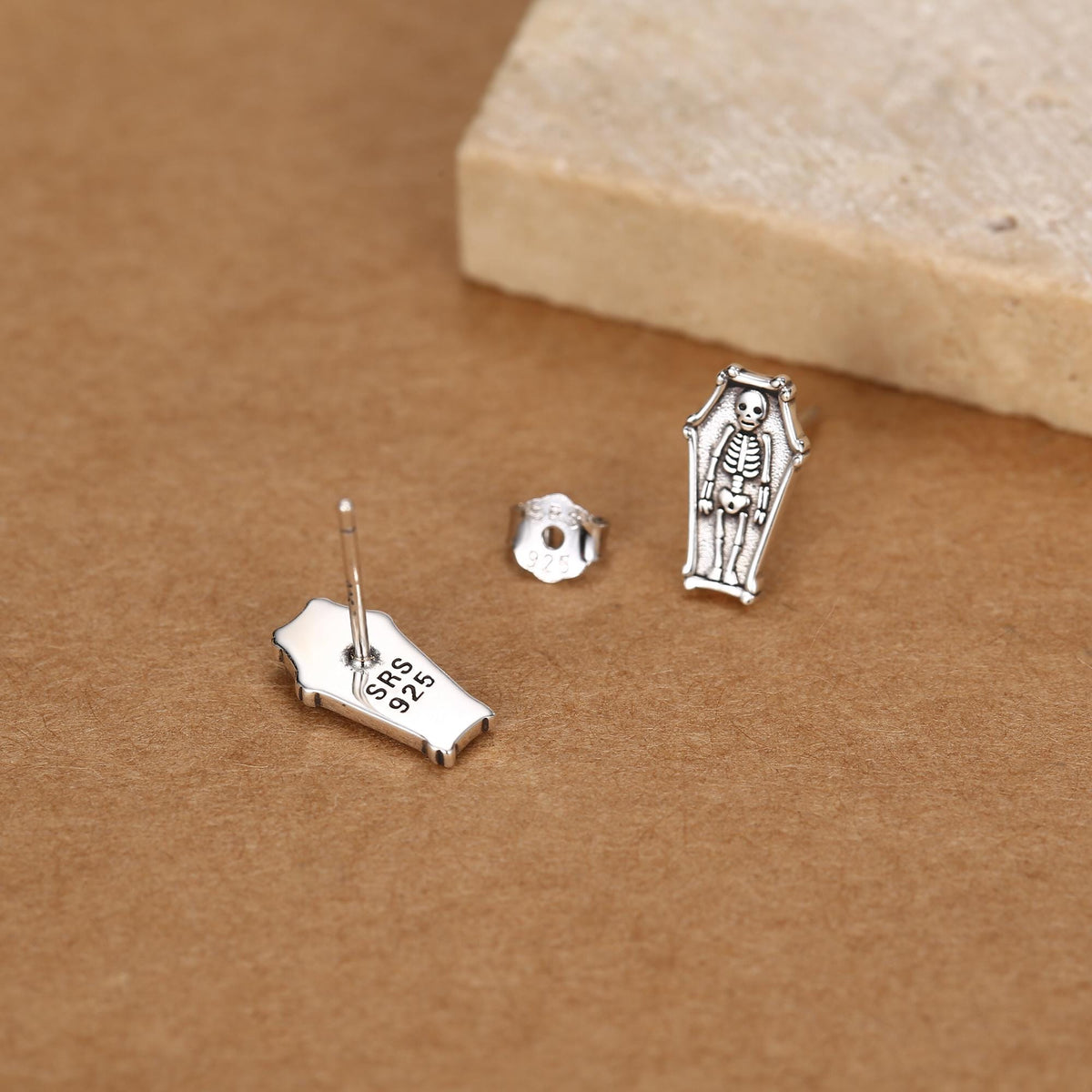 Sterling Silver Coffin Skeleton Stud Earrings
