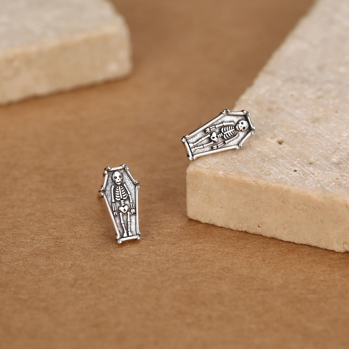Sterling Silver Coffin Skeleton Stud Earrings