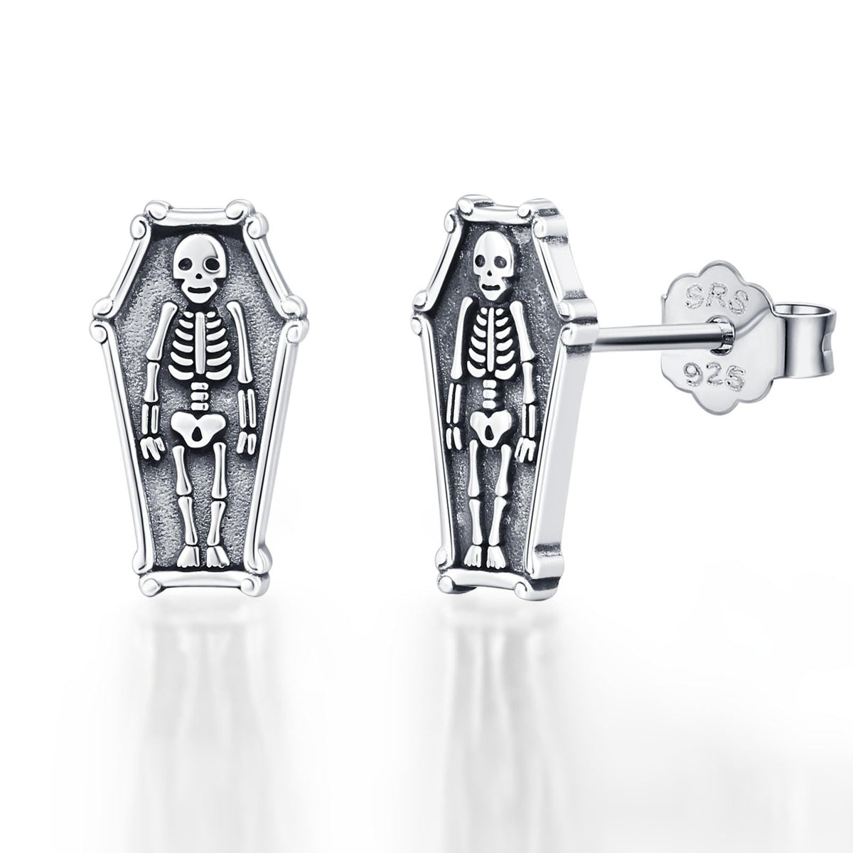 Sterling Silver Coffin Skeleton Stud Earrings