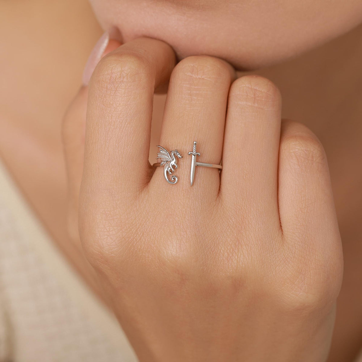 Sterling Silver Dragon and Sword Ring