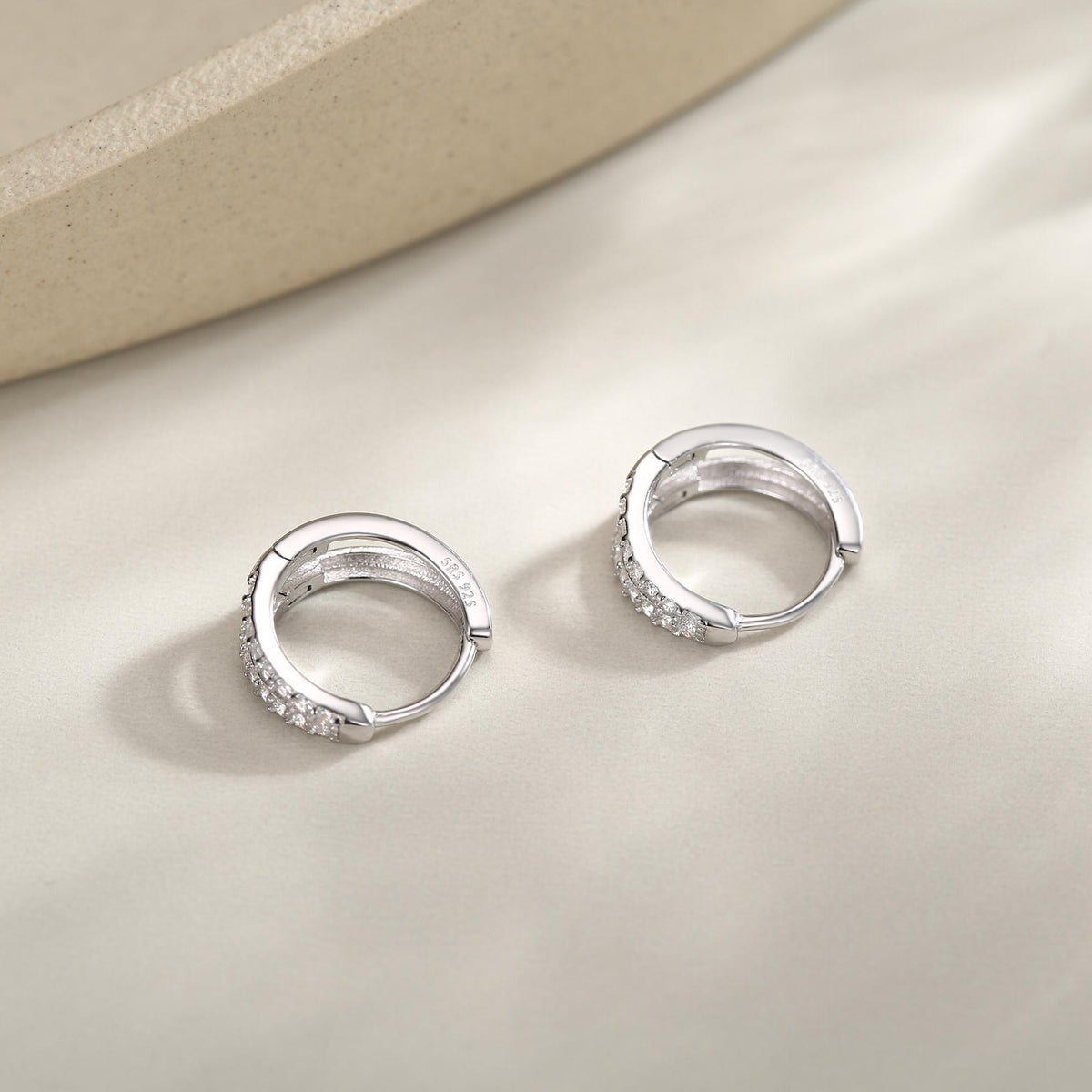 Sterling Silver Double Row CZ Huggie Earrings