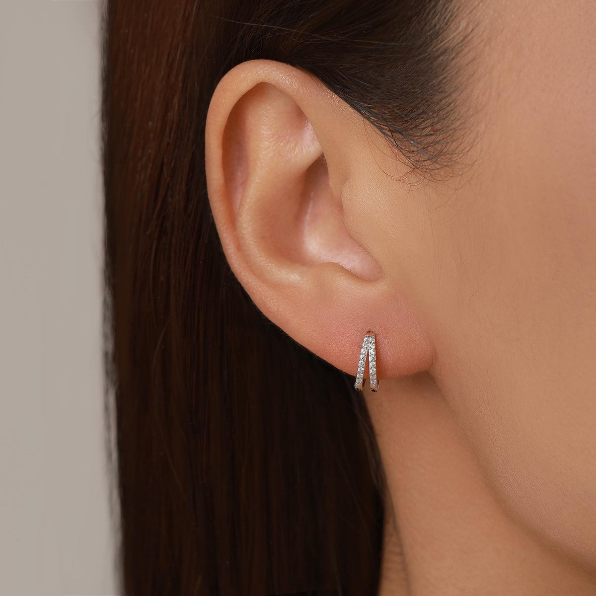 Sterling Silver Double Row CZ Huggie Earrings
