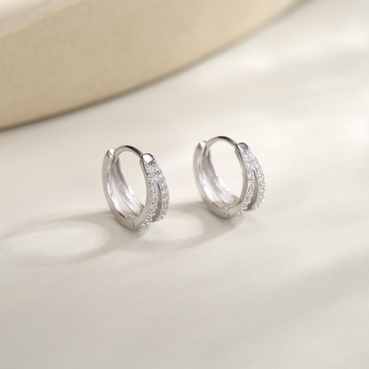 Sterling Silver Double Row CZ Huggie Earrings