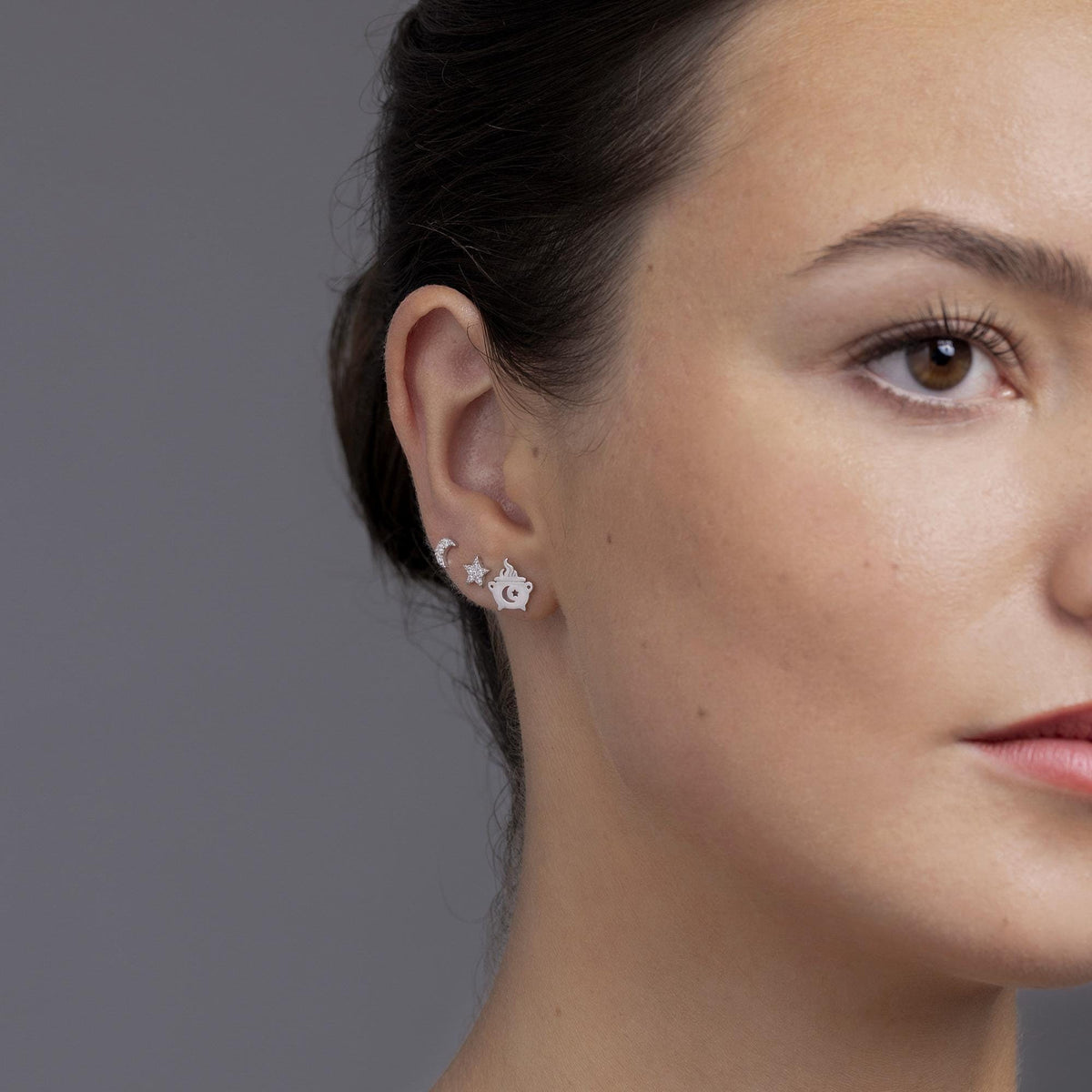 Mismatched Moon and Star CZ Stud Earrings in Sterling Silver, CZ Moon and Star Earrings, Celestial Earrings