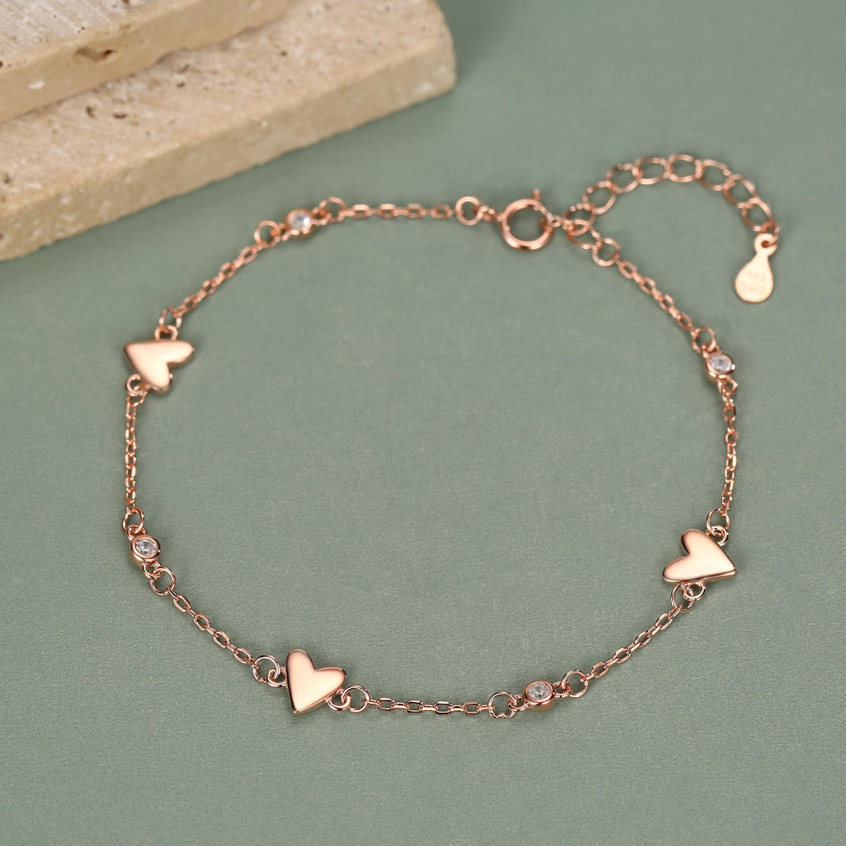 CZ Heart Trio Charm Bracelet