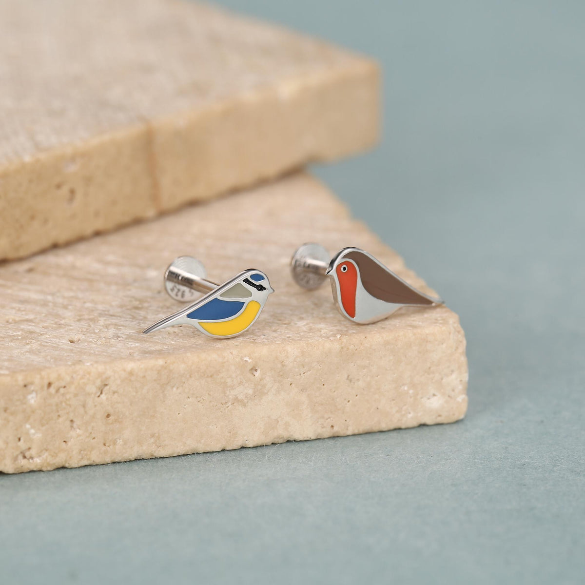 Sterling Silver Mismatched Bird 16G Flat Back Earrings