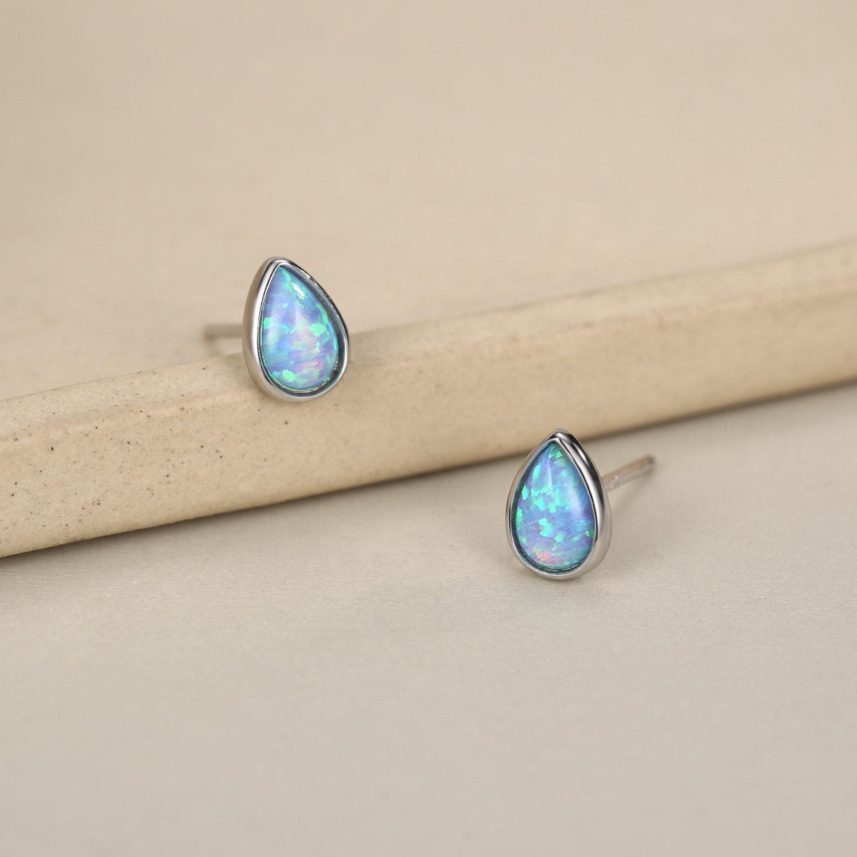 Blue Opal Droplet Stud Earrings in Sterling Silver