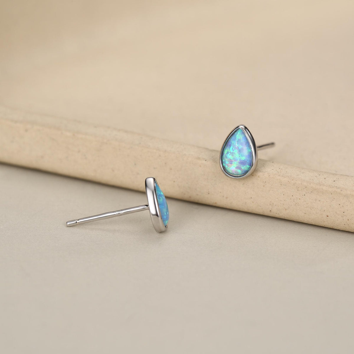 Blue Opal Droplet Stud Earrings in Sterling Silver