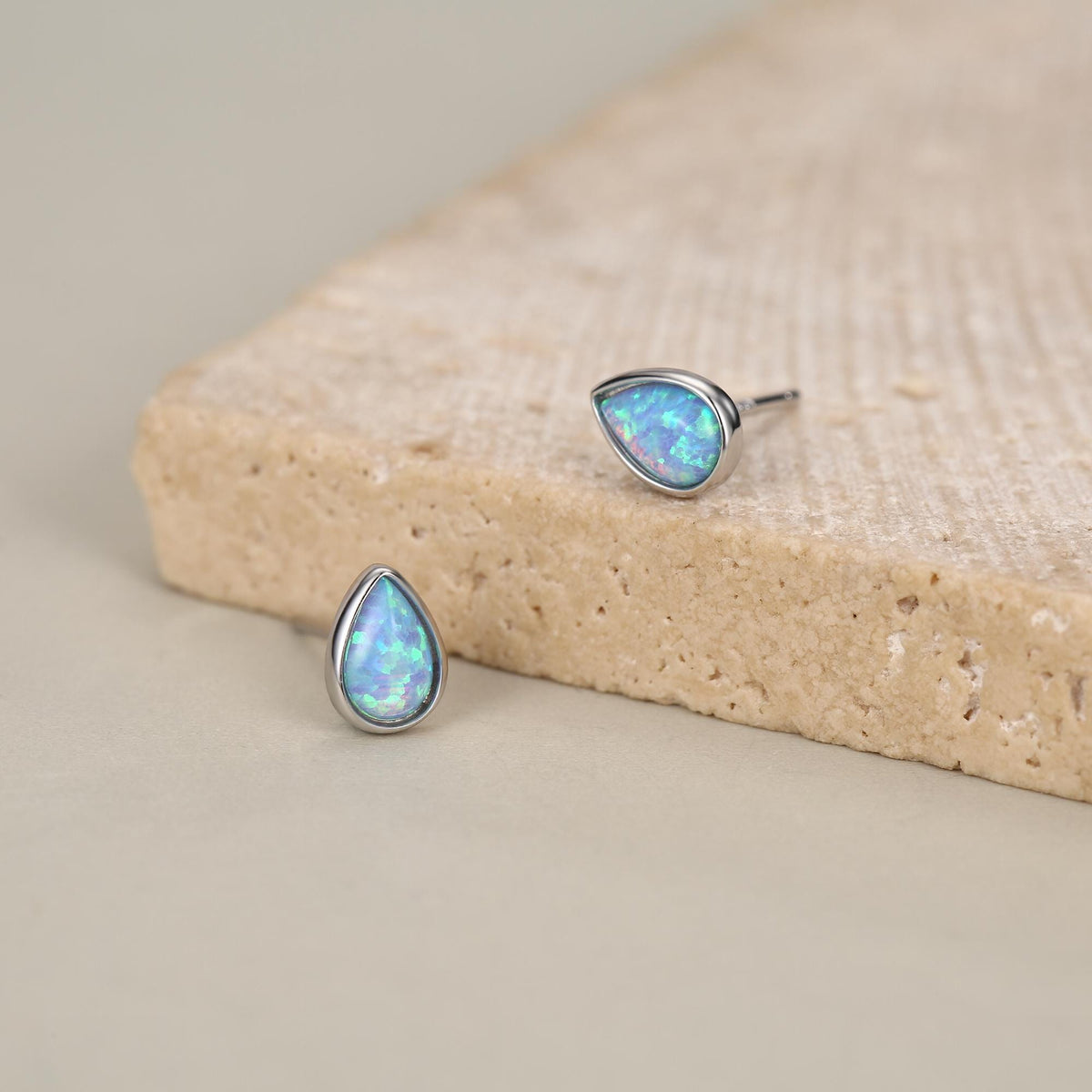 Blue Opal Droplet Stud Earrings in Sterling Silver