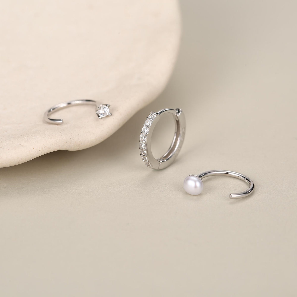 Set of Three Sterling Silver Pearl and CZ Hoop Earrings