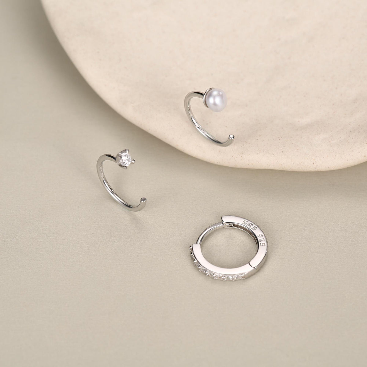 Set of Three Sterling Silver Pearl and CZ Hoop Earrings