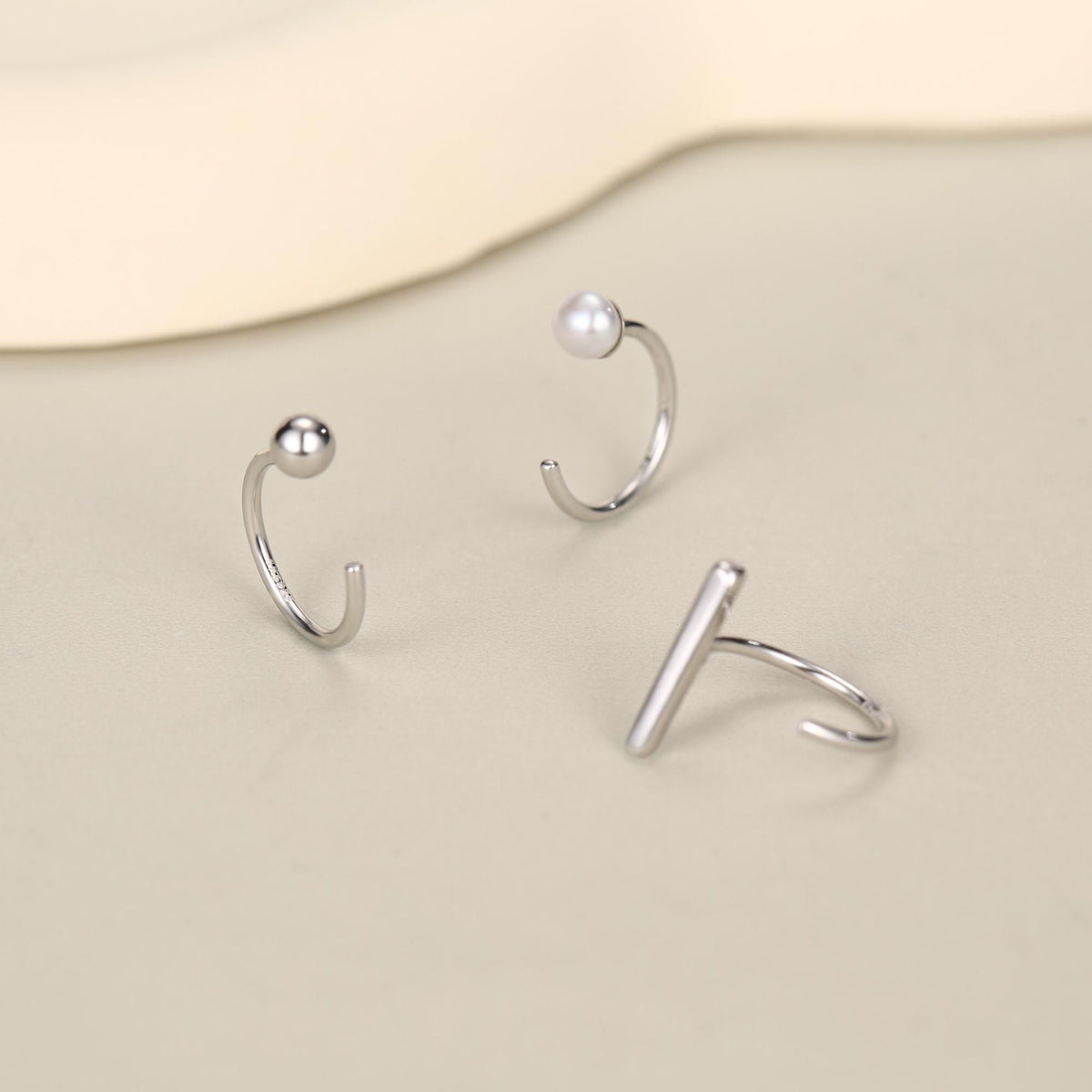 Set of Three Sterling Silver Pearl Bar Sphere Open Hoop Earrings