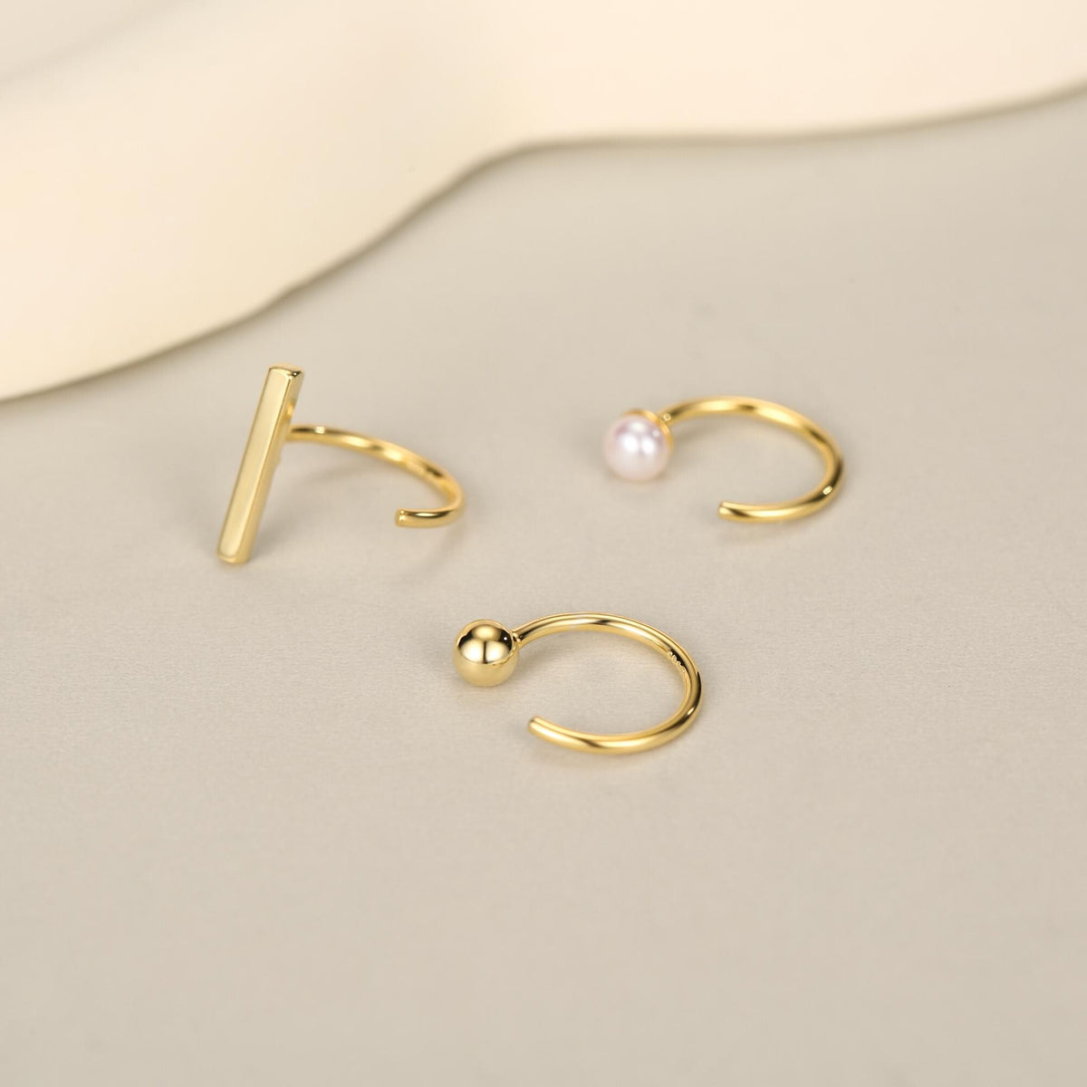 Set of Three Sterling Silver Pearl Bar Sphere Open Hoop Earrings