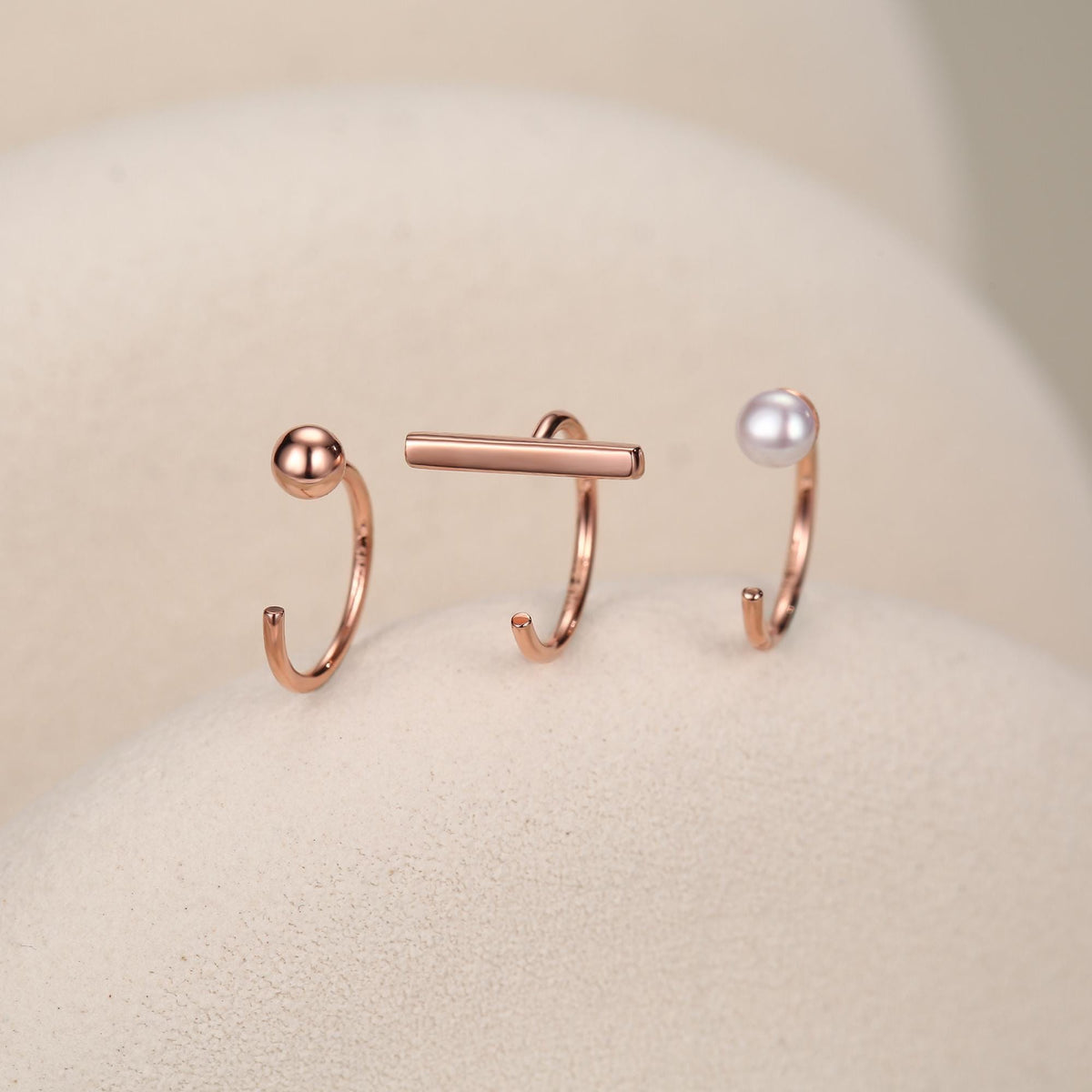 Set of Three Sterling Silver Pearl Bar Sphere Open Hoop Earrings