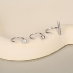 Set of Three Sterling Silver Pearl Bar Sphere Open Hoop Earrings