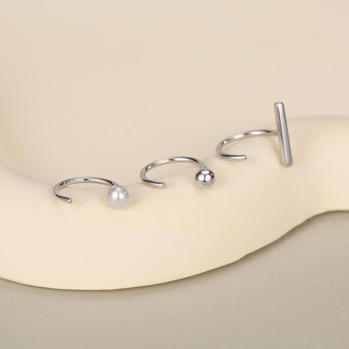 Set of Three Sterling Silver Pearl Bar Sphere Open Hoop Earrings