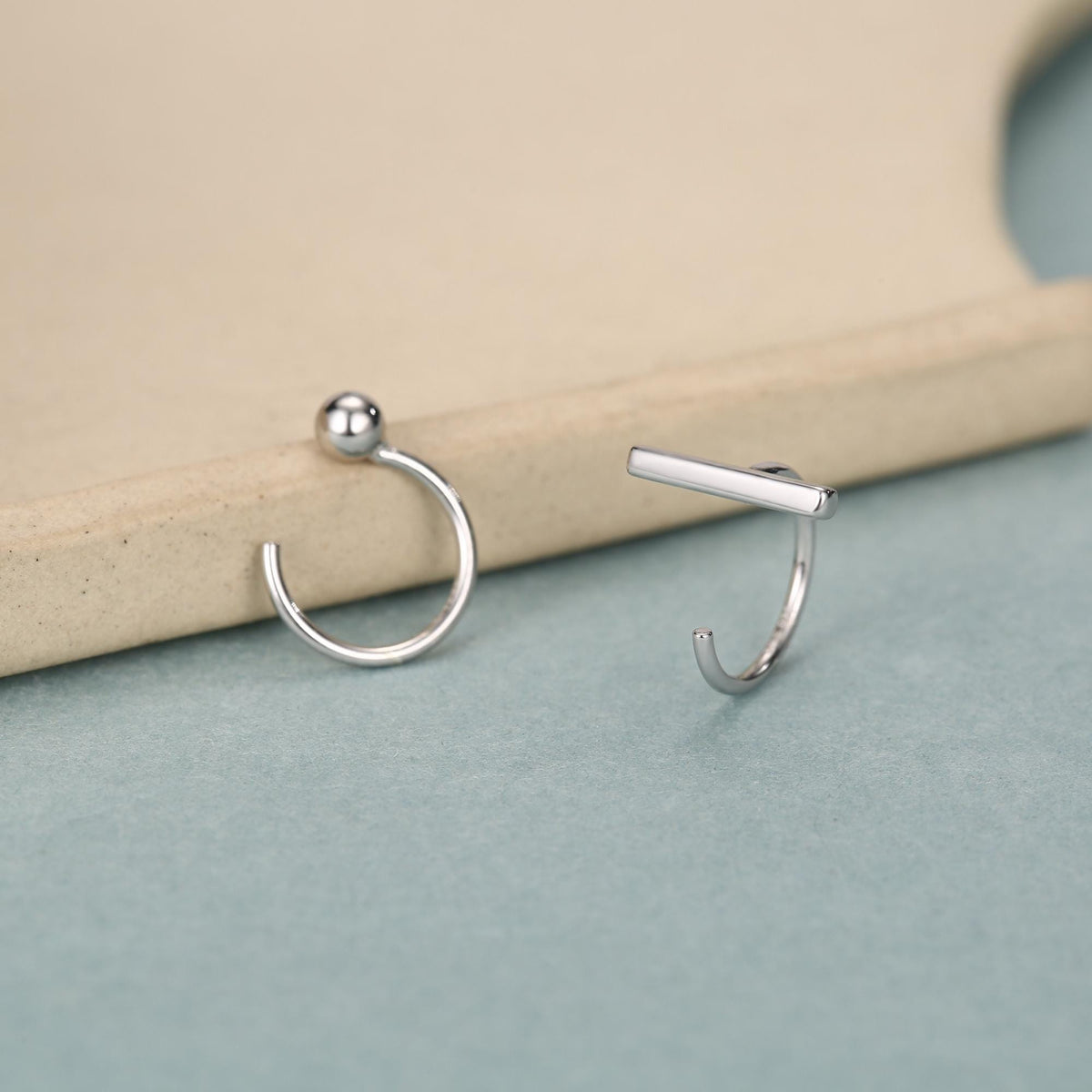 Sterling Silver Mismatched Bar and Sphere Open Hoop Earrings