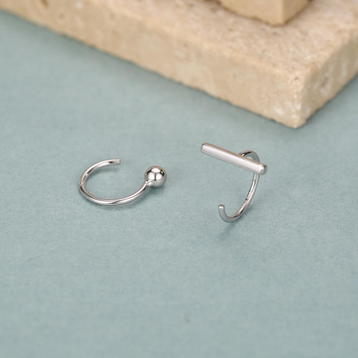 Sterling Silver Mismatched Bar and Sphere Open Hoop Earrings