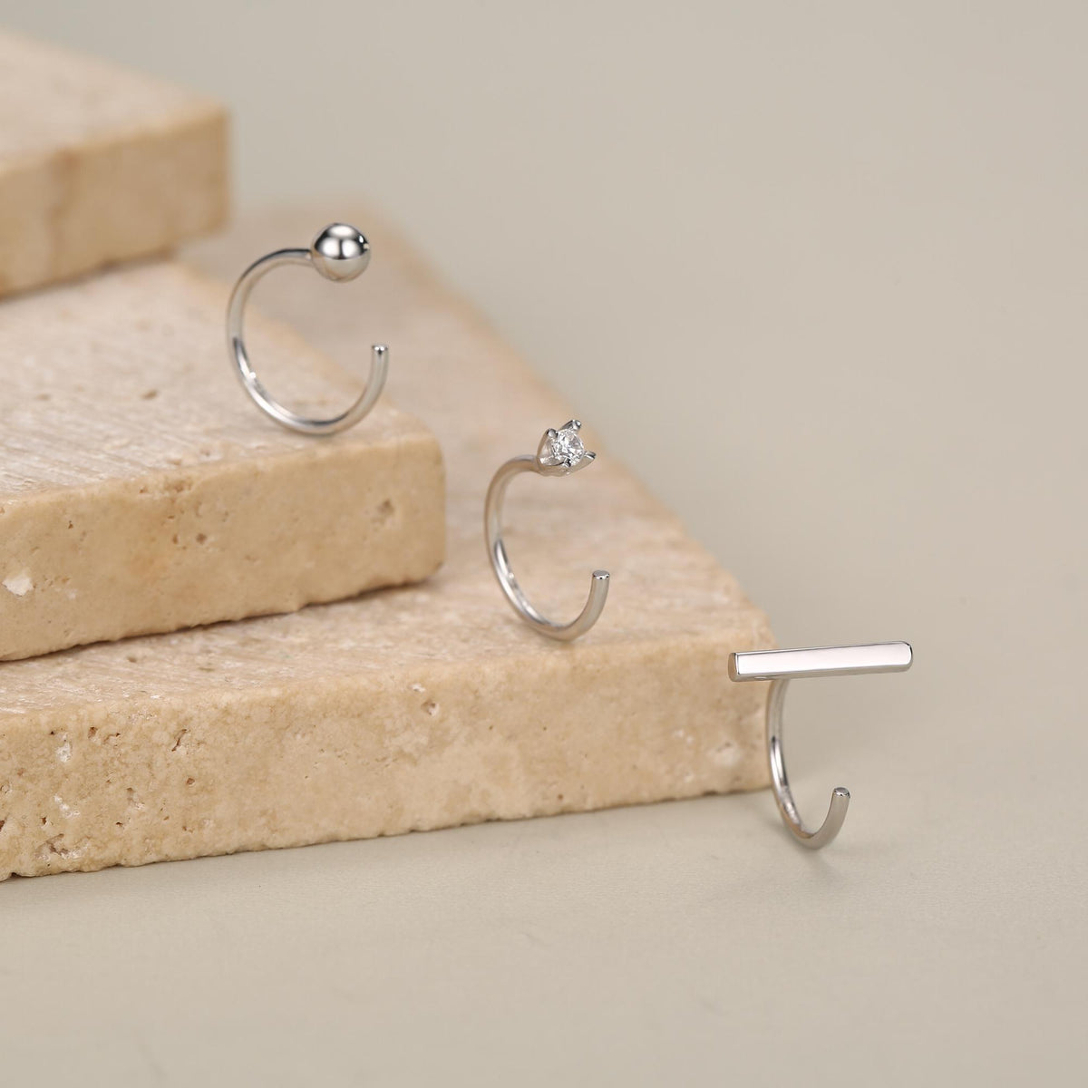 Set of Three Sterling Silver CZ Bar Sphere Open Hoop Earrings