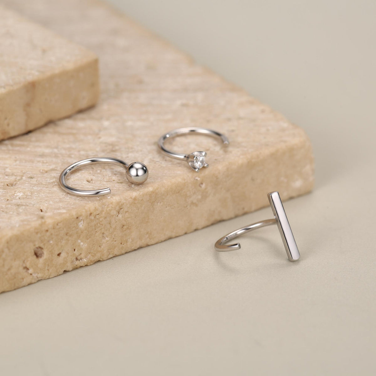 Set of Three Sterling Silver CZ Bar Sphere Open Hoop Earrings