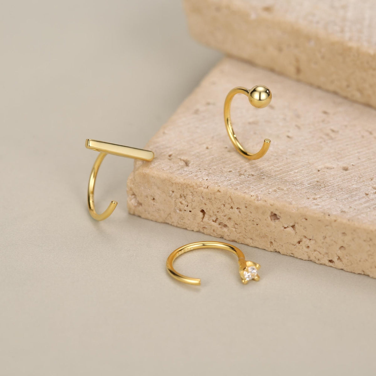 Set of Three Sterling Silver CZ Bar Sphere Open Hoop Earrings