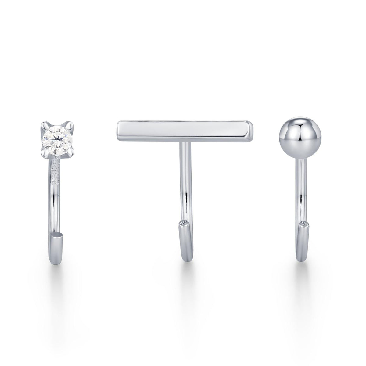 Set of Three Sterling Silver CZ Bar Sphere Open Hoop Earrings