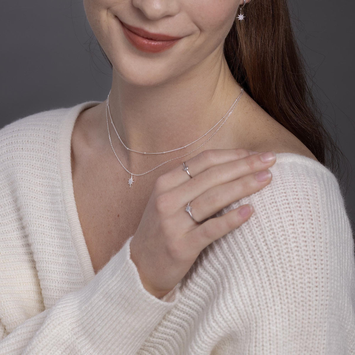 CZ Starburst Double Layer Necklace with Satellite Chain
