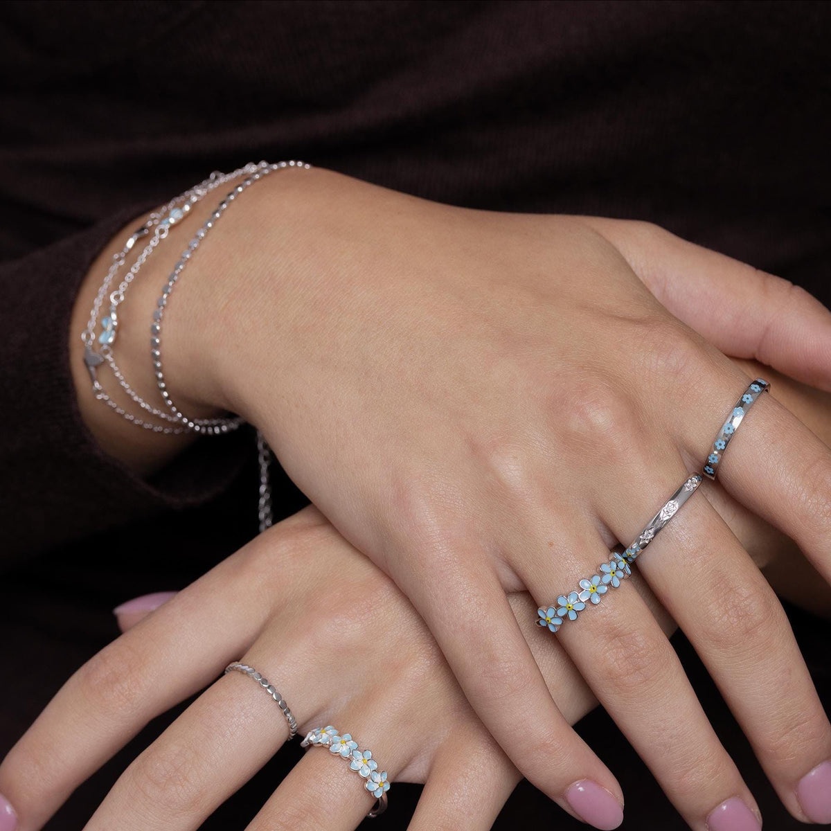 Enamel Forget Me Not Flower Trio Charm Bracelet