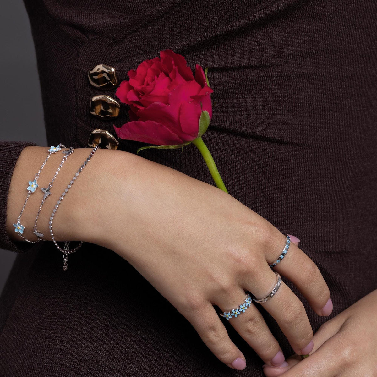 Enamel Forget Me Not Flower Trio Charm Bracelet