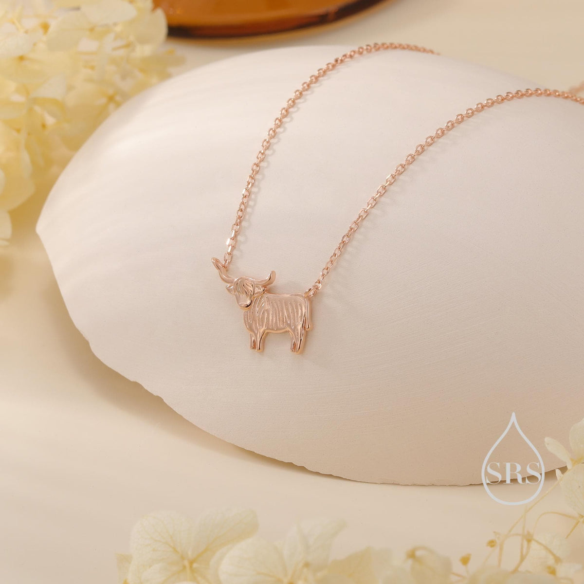 Tiny Highland Cow Pendant Necklace in Sterling Silver, Silver or Gold or Rose Gold Finish, Highland Cow Necklace, Scottish Jewellery