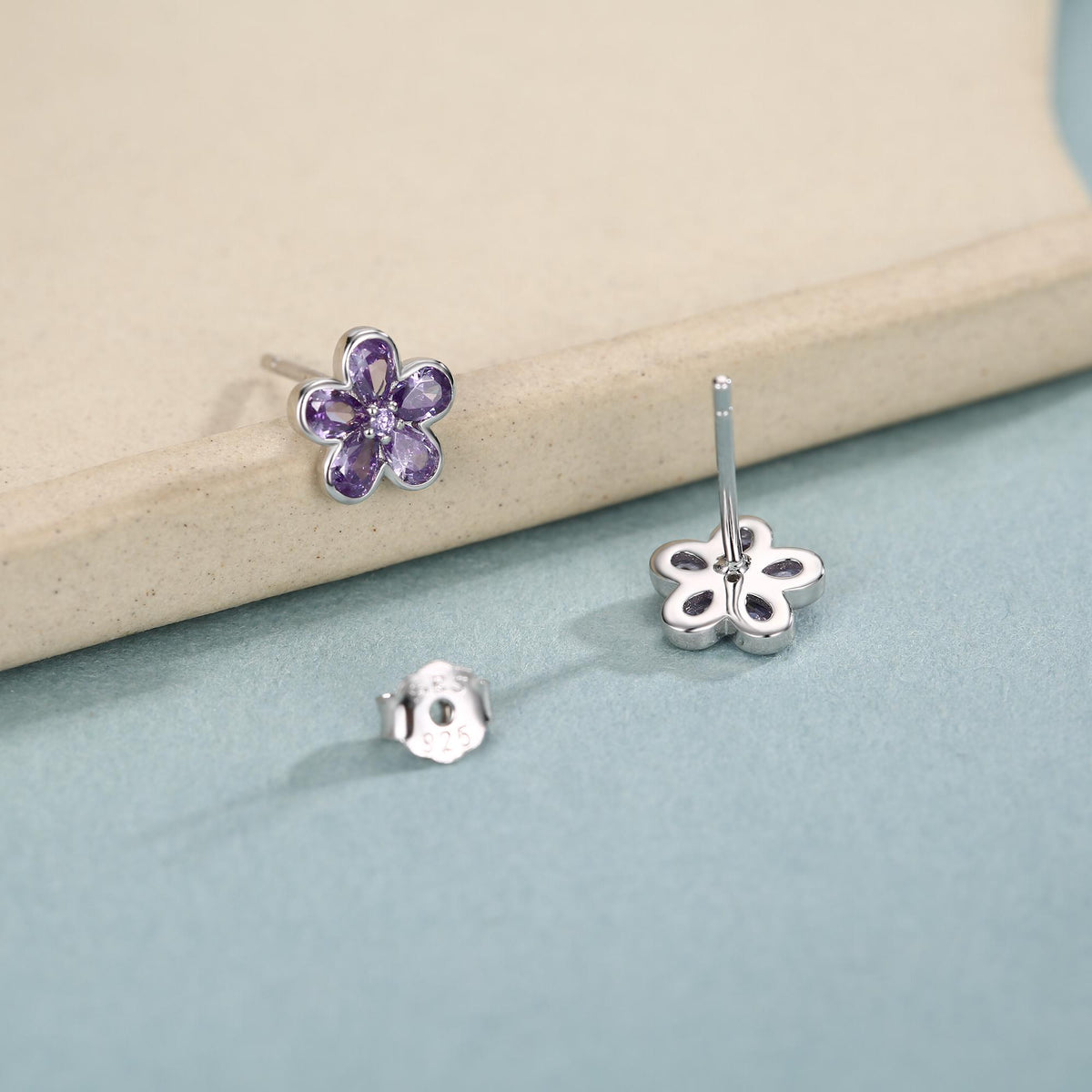 Amethyst Purple Flower CZ Stud Earrings in Sterling Silver, Forget Me Not Floral CZ Earrings, Silver or Gold, Flower CZ Earrings