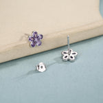 Amethyst Purple Flower CZ Stud Earrings in Sterling Silver, Forget Me Not Floral CZ Earrings, Silver or Gold, Flower CZ Earrings