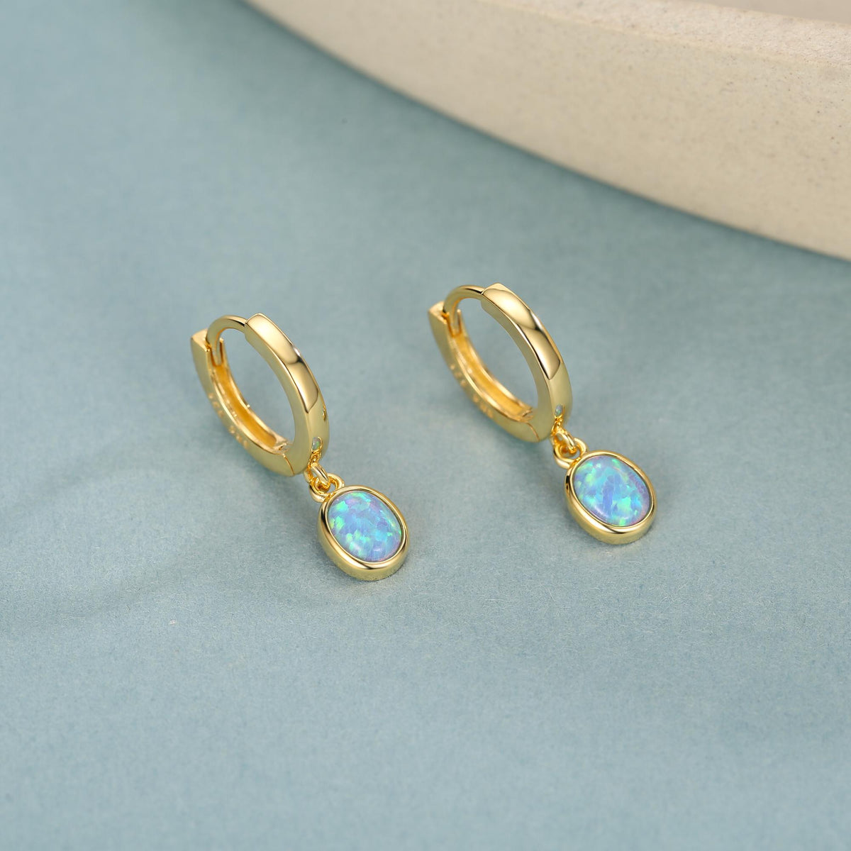 Sterling Silver Dangling Oval Blue Opal Hoop Earrings, Blue Opal Charm Dangle Hoop Earrings, Silver or Gold