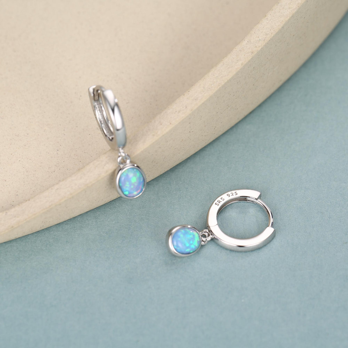 Sterling Silver Dangling Oval Blue Opal Hoop Earrings, Blue Opal Charm Dangle Hoop Earrings, Silver or Gold
