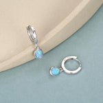 Sterling Silver Dangling Oval Blue Opal Hoop Earrings, Blue Opal Charm Dangle Hoop Earrings, Silver or Gold
