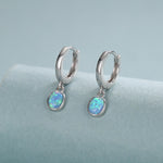 Sterling Silver Dangling Oval Blue Opal Hoop Earrings, Blue Opal Charm Dangle Hoop Earrings, Silver or Gold
