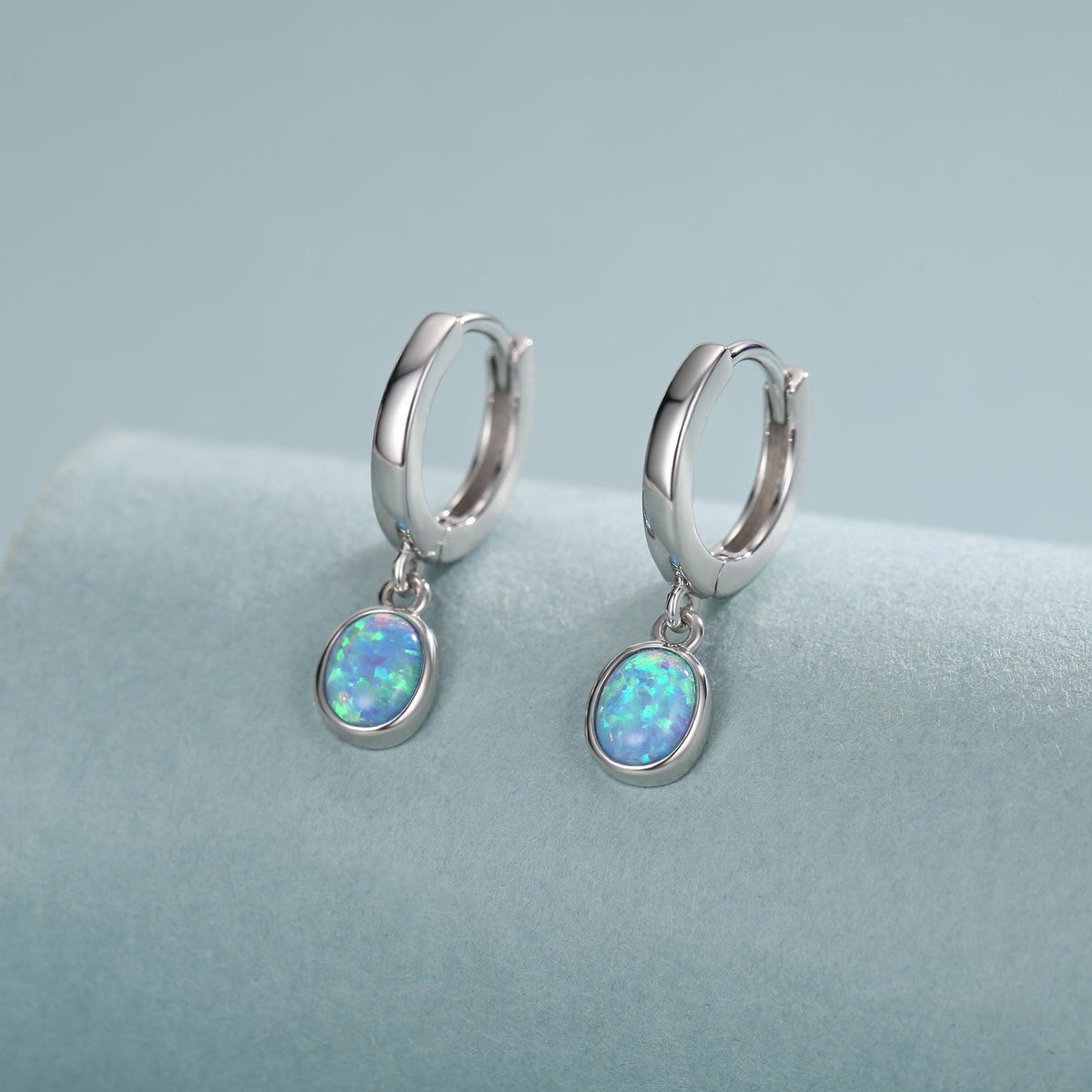 Sterling Silver Dangling Oval Blue Opal Hoop Earrings, Blue Opal Charm Dangle Hoop Earrings, Silver or Gold