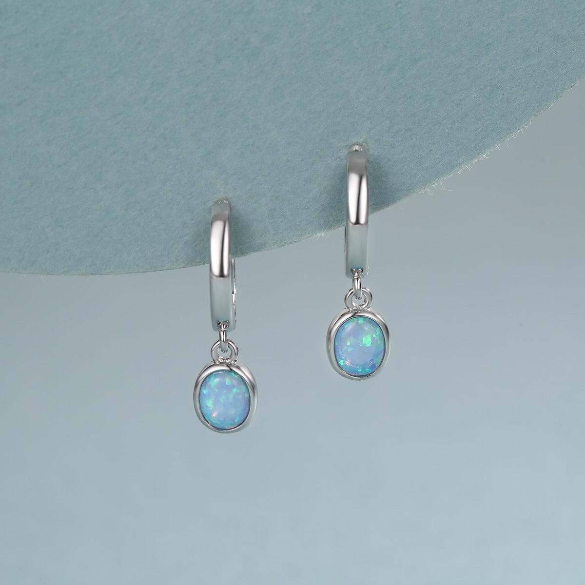 Sterling Silver Dangling Oval Blue Opal Hoop Earrings, Blue Opal Charm Dangle Hoop Earrings, Silver or Gold