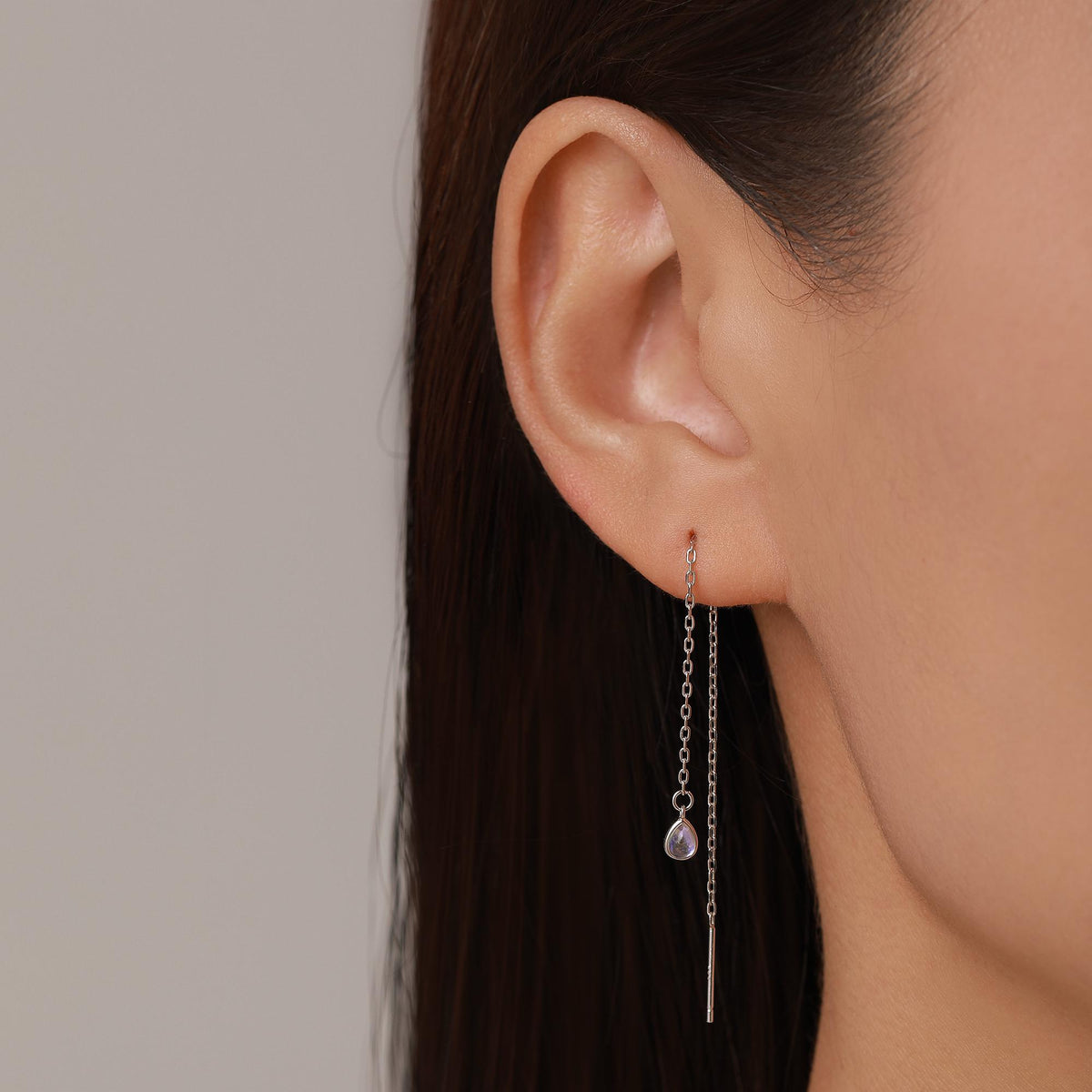 Sterling Silver Aurora Moonstone Droplet Ear Threader Earrings