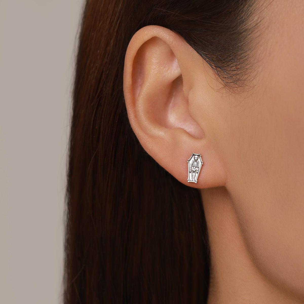 Sterling Silver Coffin Skeleton Stud Earrings