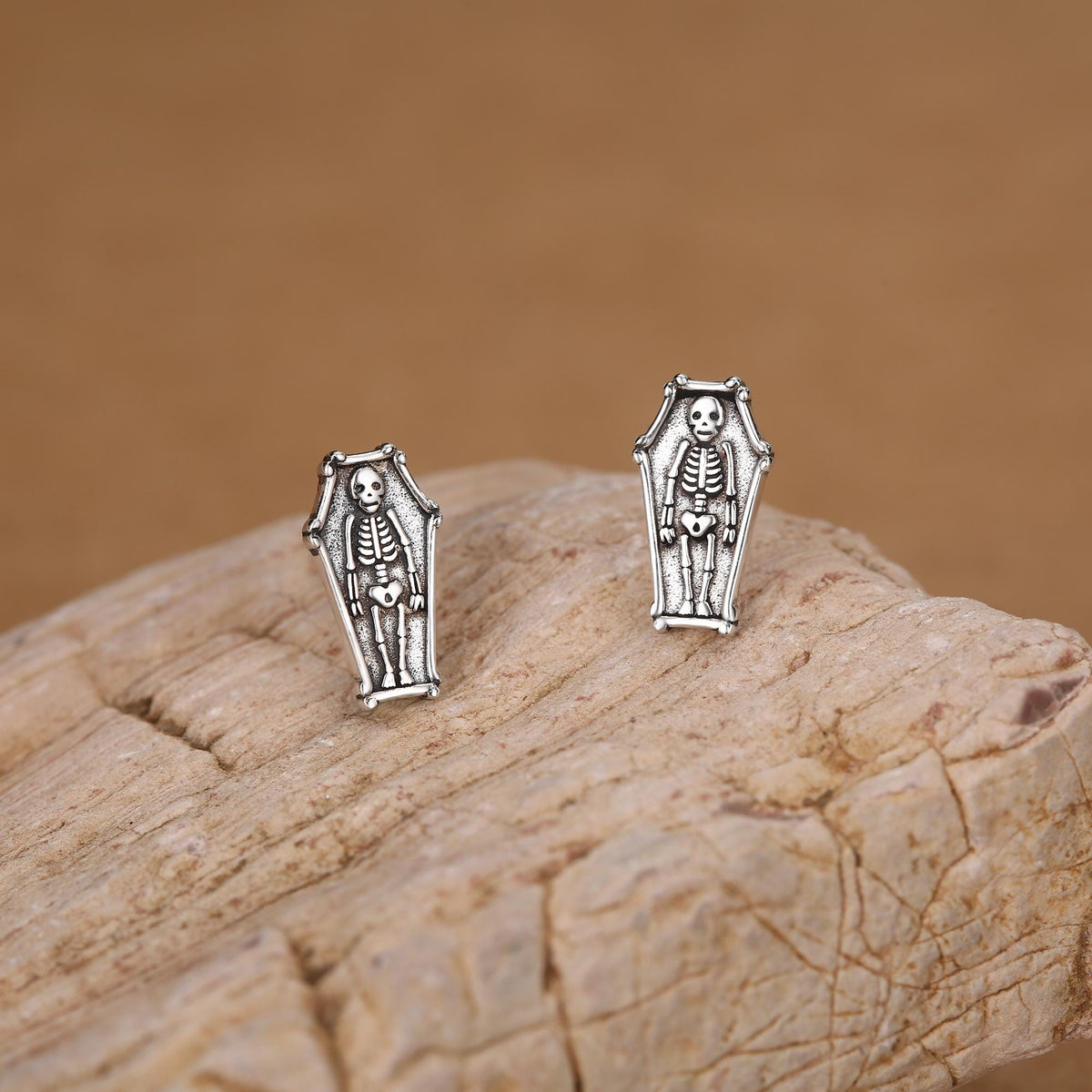 Sterling Silver Coffin Skeleton Stud Earrings