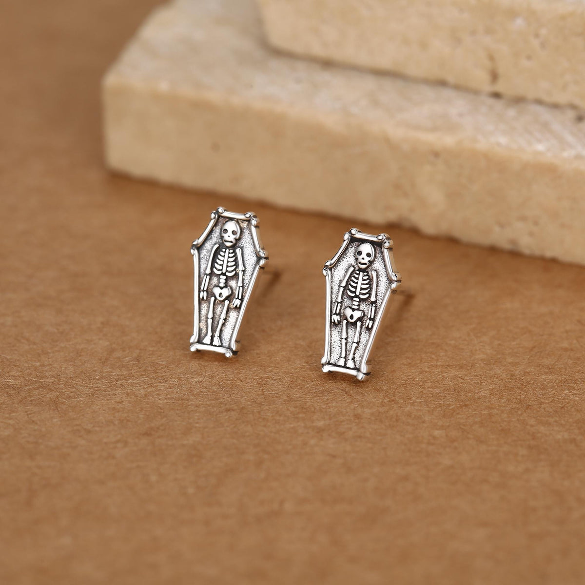 Sterling Silver Coffin Skeleton Stud Earrings