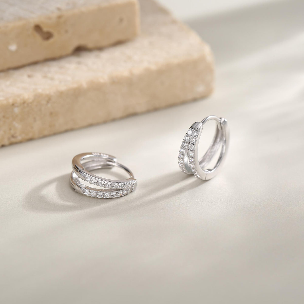 Sterling Silver Double Row CZ Huggie Earrings