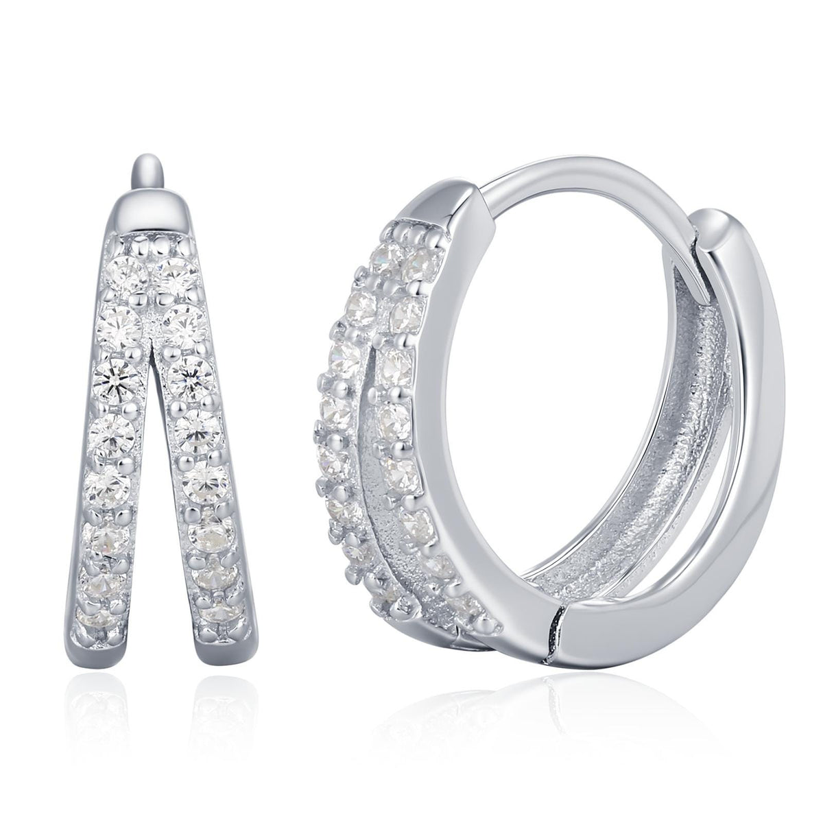 Sterling Silver Double Row CZ Huggie Earrings