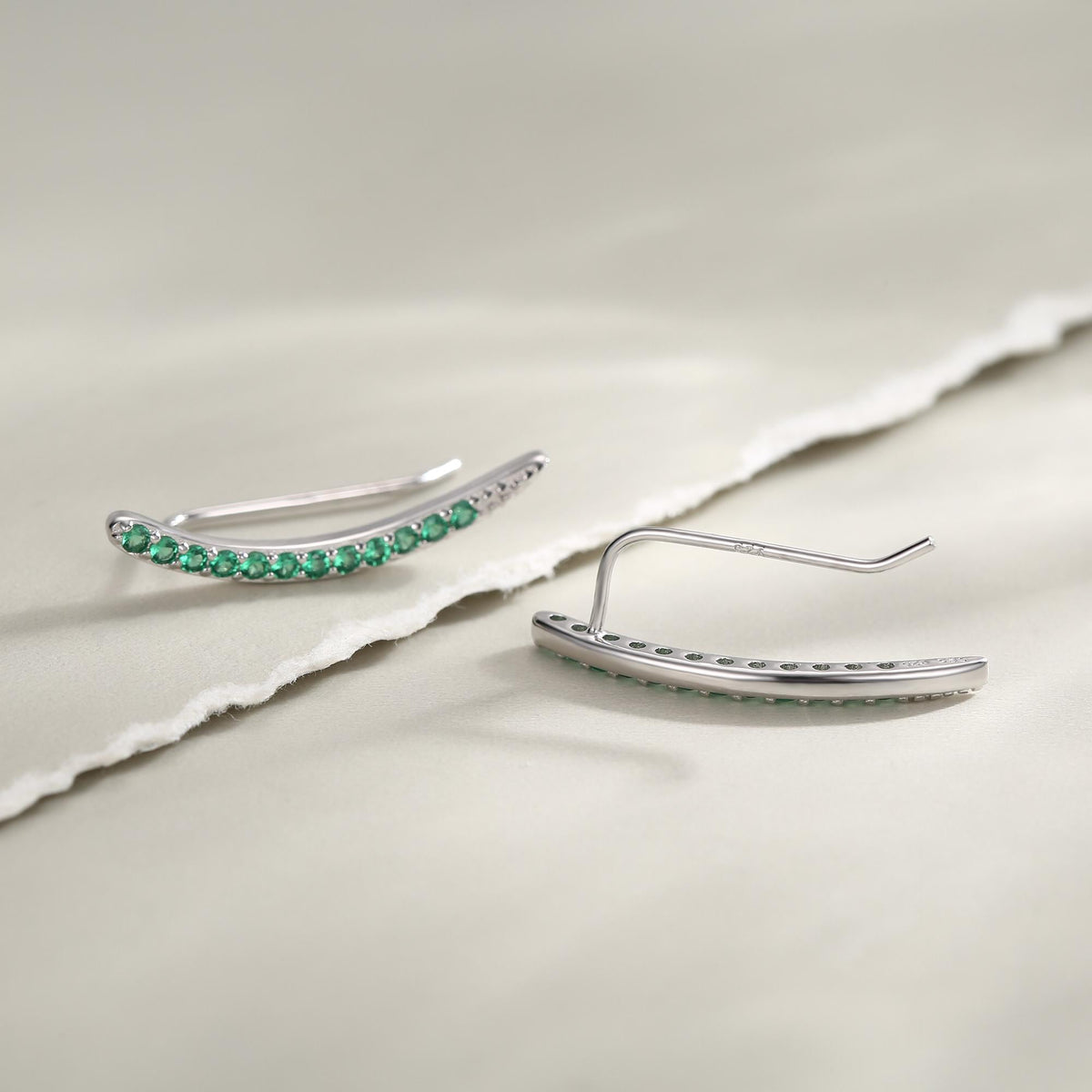 Emerald Green CZ Crawler Earrings in Sterling Silver, Silver or Gold, Dotted Ear Crawlers, Emerald Green Crystal Crawler, Minimalist Crawler